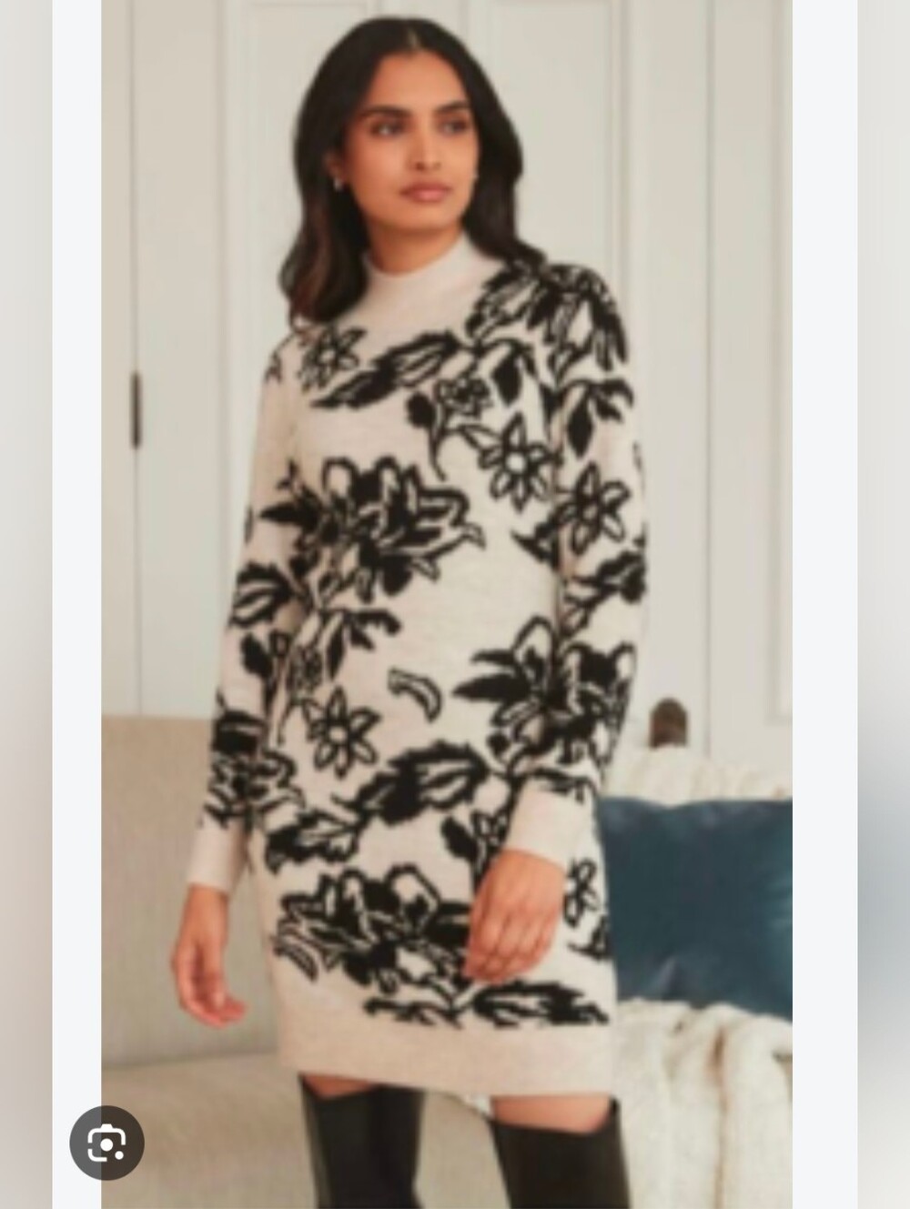 RW&CO Cozy Floral Black And Cream Floral Print Spongy Sweater Dress